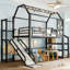 Lit mezzanine simple avec glissade et escalier, lit de jeu en métal avec tablettes de rangement, toit en forme de maison et conception silencieuse, noir-367386044-367386045