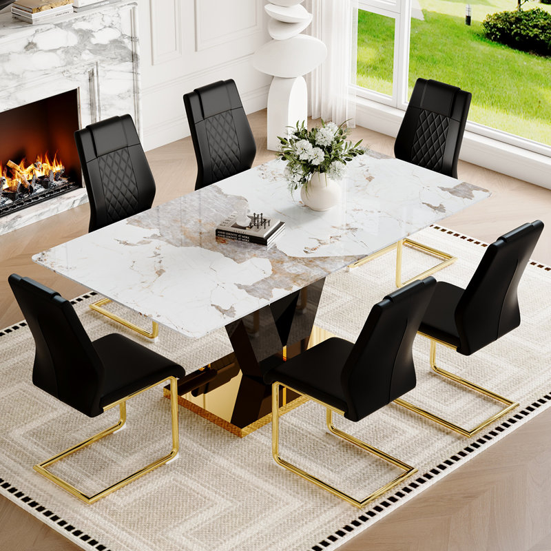 Ensemble de table de salle à manger 71 "en verre pour 6 personnes, ensemble de table de salle à manger en marbre avec piliers en forme de V noir brillant