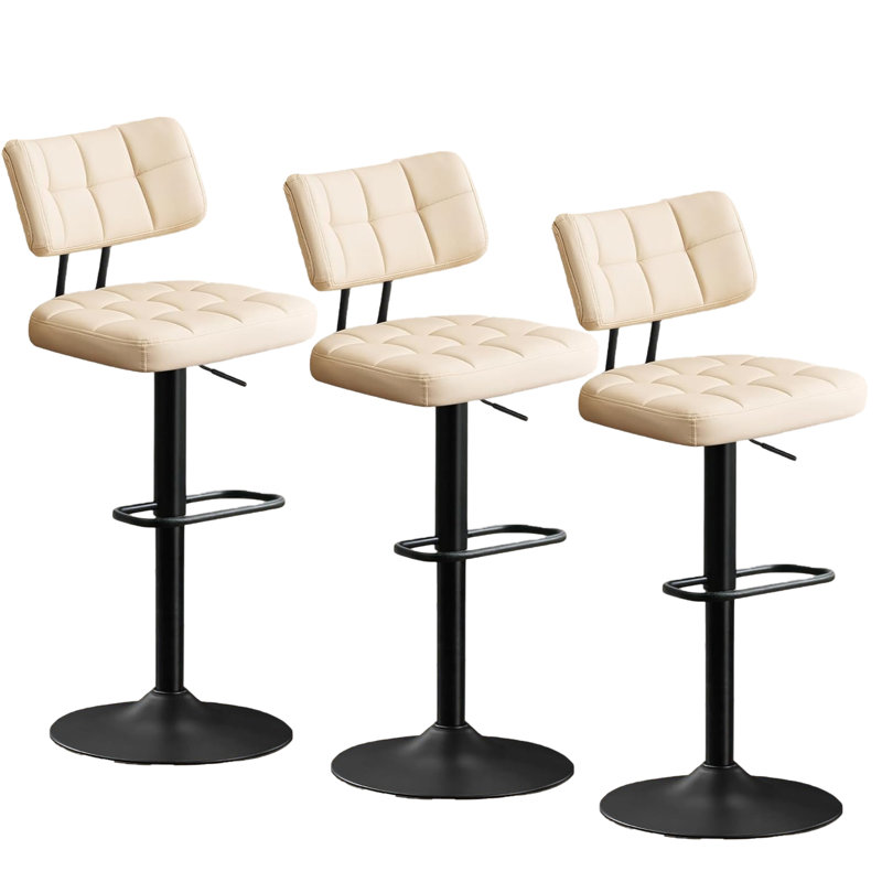 Tabourets de bar pivotants à hauteur réglable avec repose-pieds et dossier incurvé à coussin épais (ensemble de 3), Beige