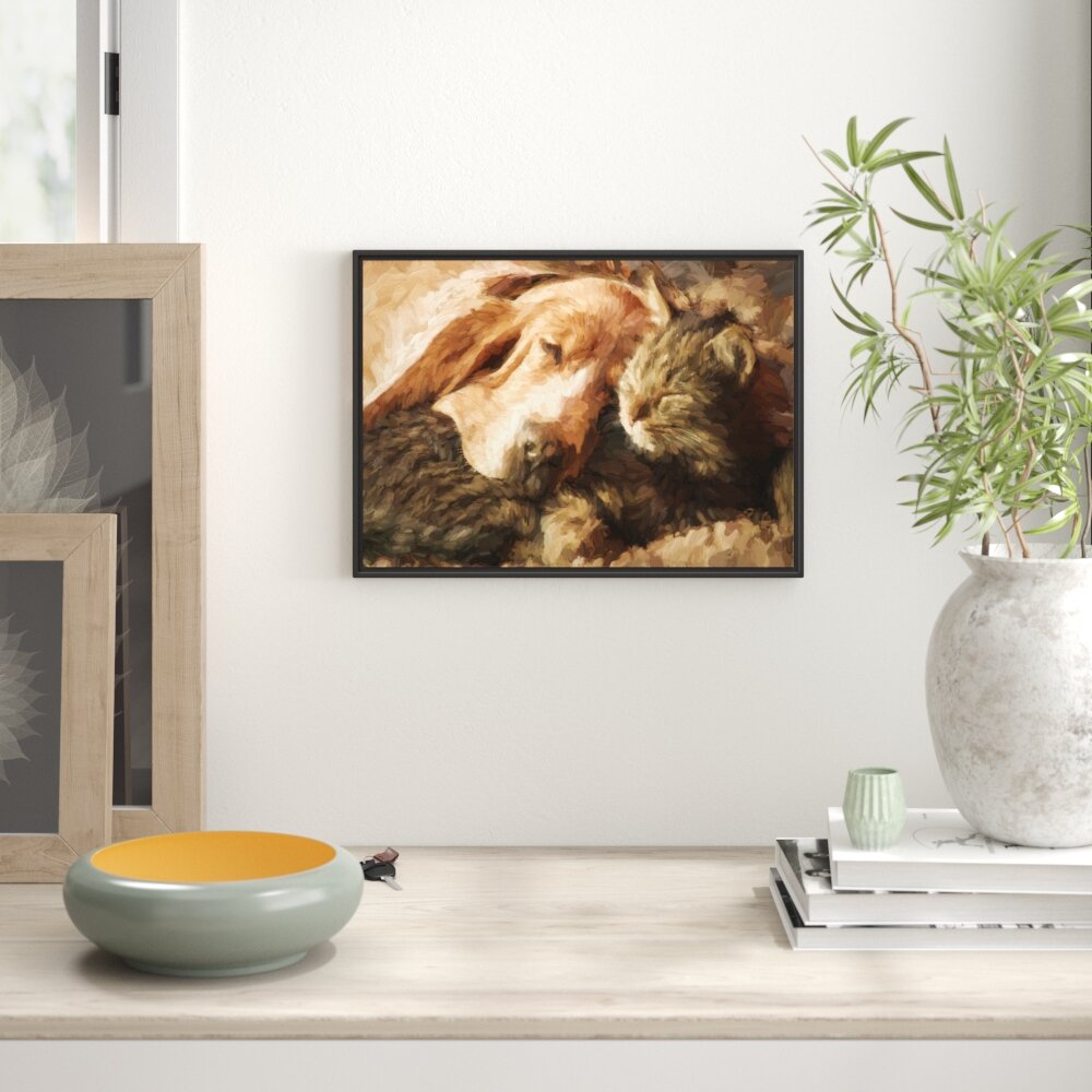 Gerahmtes Wandbild Katze und Hund kuschelnd Kunst