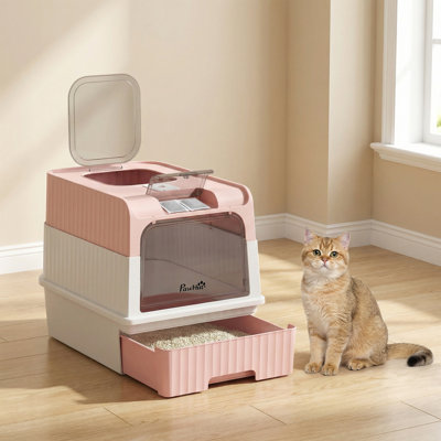 Bac à litière pour chat avec couvercle, bac à litière pour chat avec couvercle et tiroir coulissant, pelle, entrée avant et sortie supérieure, 4 sacs de désodorisation, facile à nettoyer, rose