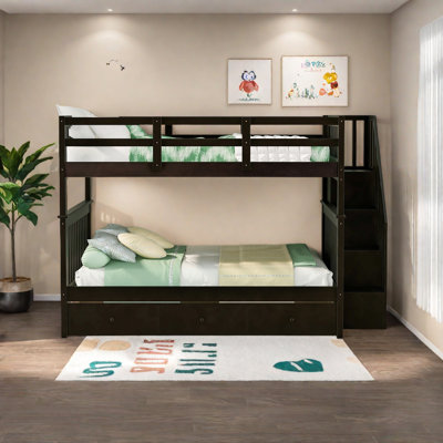 Stairway Full-Over-Full Bunk Bed With Drawer, Storage And Guard Rail For Bedroom