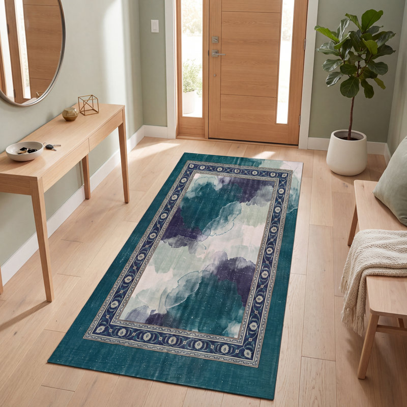 Tapis Calloway moderne à l'aspect vieilli, aquarelle abstraite, bleu sarcelle et blanc, lavable en machine, antidérapant, à poils courts, pour l'intérieur et l'extérieur, adapté aux animaux domestiques, idéal pour le salon, la chambre, la salle à manger, l'entrée, le couloir ou le bureau.