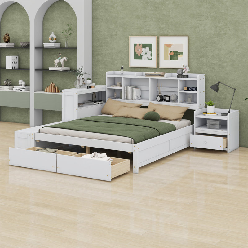 Lit plateforme en bois avec espace de rangement multifonctionnel, table de chevet, 2 tiroirs, ports USB et bureau, Blanc