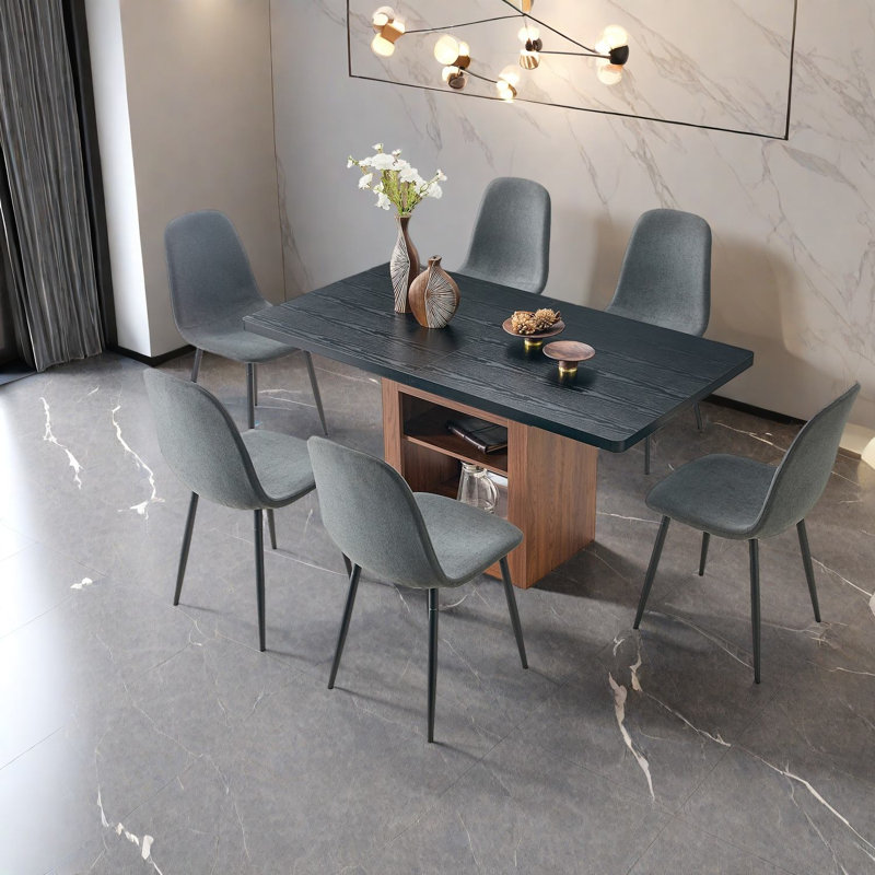 Ensembles de table de salle à manger extensible avec rangement, chaises en lin gris foncé, style moderne pour la maison