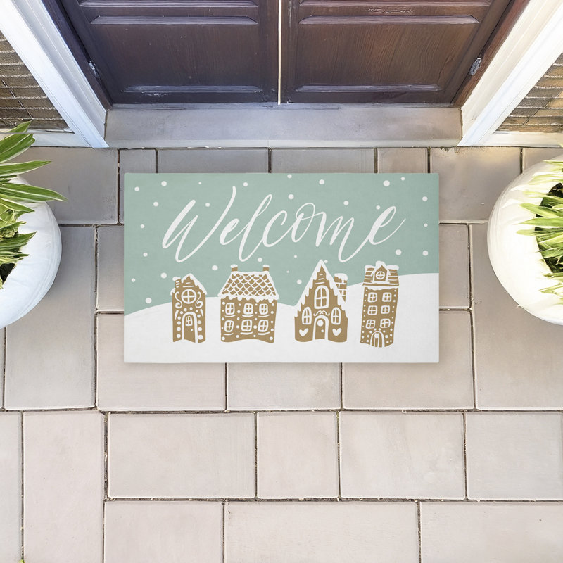 Paillasson Welcome Snowy Gingerbread House, imprimé par Caverly Smith, 18 po x 30 po, Welcome Snowy Gingerbread Houses