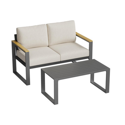 Modern Aluminum Patio Loveseat & Coffee Table Set 2 Pieces – All-Weather Outdoor Chair with Washable Thick Cushions – Ideal for Balcony, Garden, Deck, Backyard – Beige