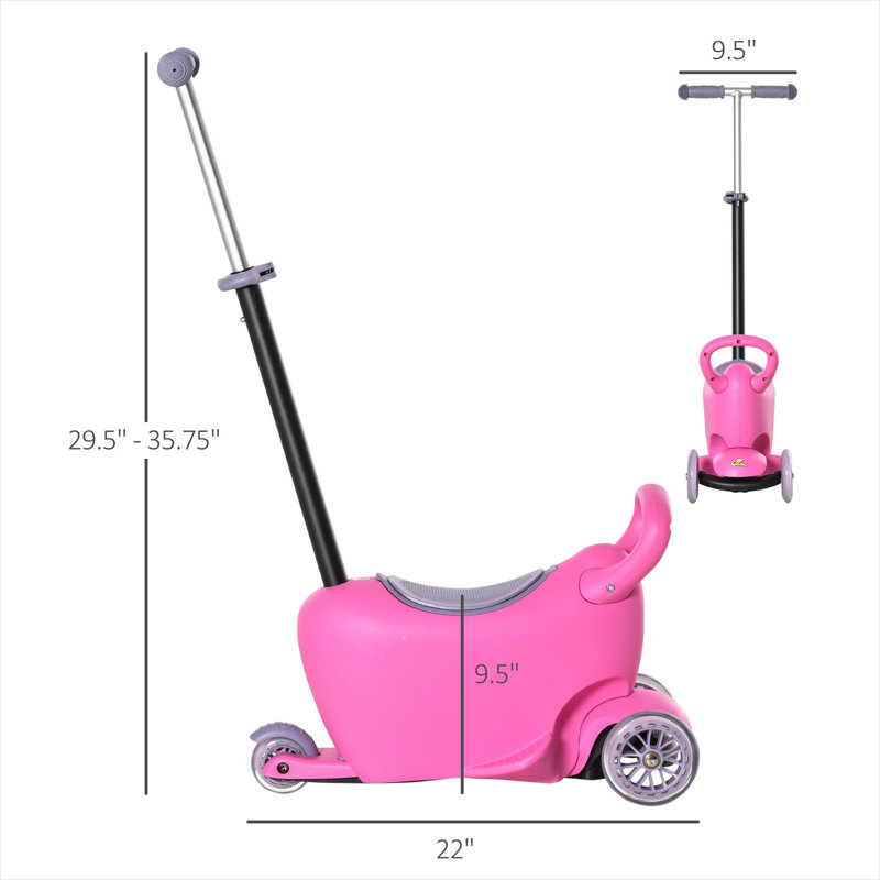 Scooters pour enfants combinant rangement et PP rose et métal avec scooter pour enfants 3 en 1 rose chaud et combinant 22 x 9,5 x 30