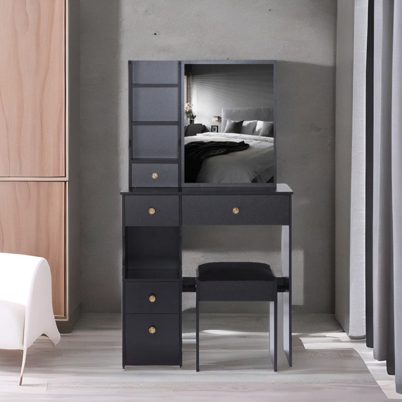 Vanity Table With 1 Stool, Black