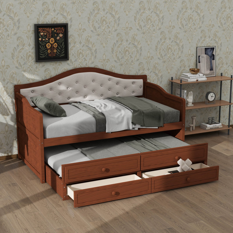 Twin Daybed With Trundle, Daybed With 2 Storage Drawers, Wooden Sofa Bed With Upholstered Button Tufted Backrest For Living Room
