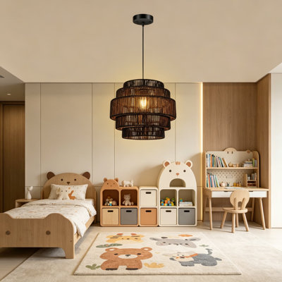 Luminaire suspendu en lustre en rotin Boho, abat-jour tissé à la main à 5 niveaux, luminaire suspendu de style campagnard de 13 pouces avec cordon réglable pour le salon, l'îlot de cuisine, la chambre à coucher, noir