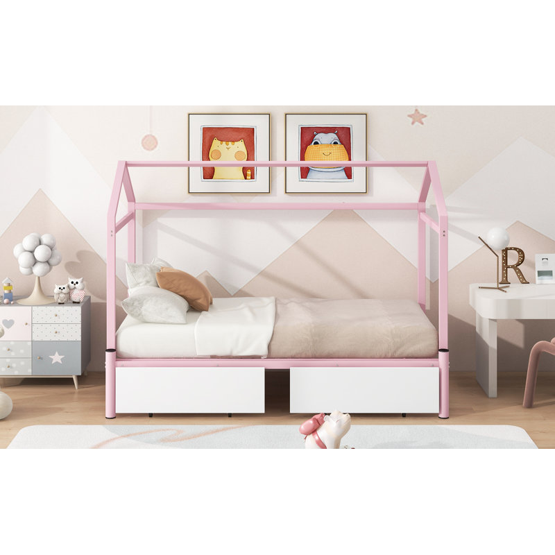 Lit plateforme simple TG avec très grand lit avec 2 tiroirs, Rose