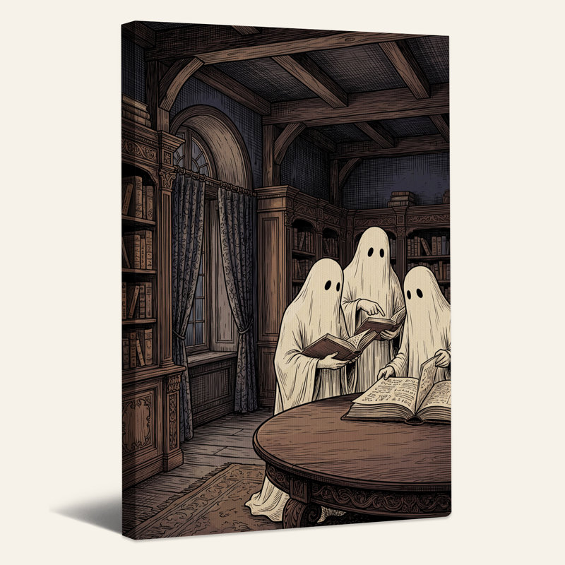 Trois fantômes lisant des livres dans une bibliothèque en bois, art mural d'Halloween, 24"H x 16"W