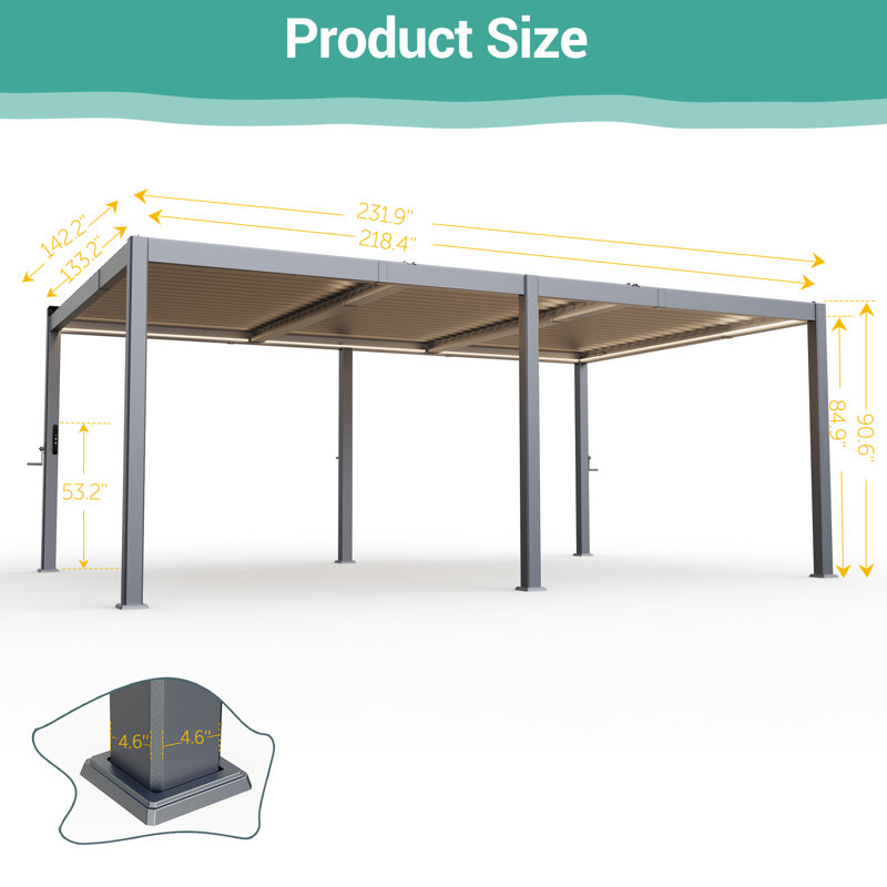 Aluminum Patio Solar LED Pergola with Louvered Canopy, 12x20ft