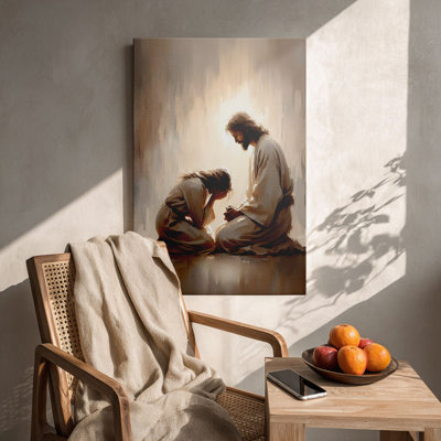 Spiritual “Gentle Kneeling Figure & Compassionate Guide in Warm Glow” Divine Encounter Canvas Wall Art Stretched Frame for Cozy Studio