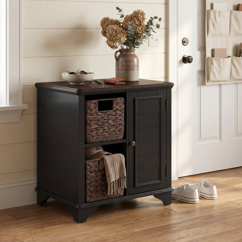 Petite armoire d'appoint Farmhouse avec 2 paniers en gazon tissé, armoire de rangement compacte de H 24 po