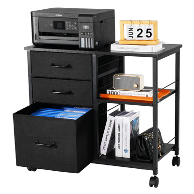 Classeur mobile en métal avec 3 tiroirs en tissu et 2 tablettes ouvertes noires