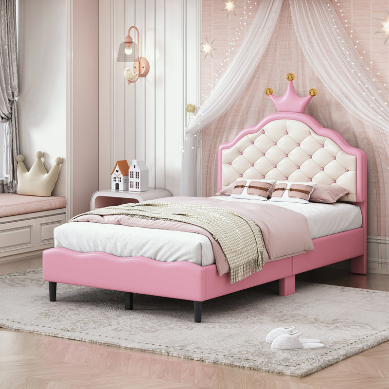 PU Leather Princess Bed with Tufted Headboard, Twin