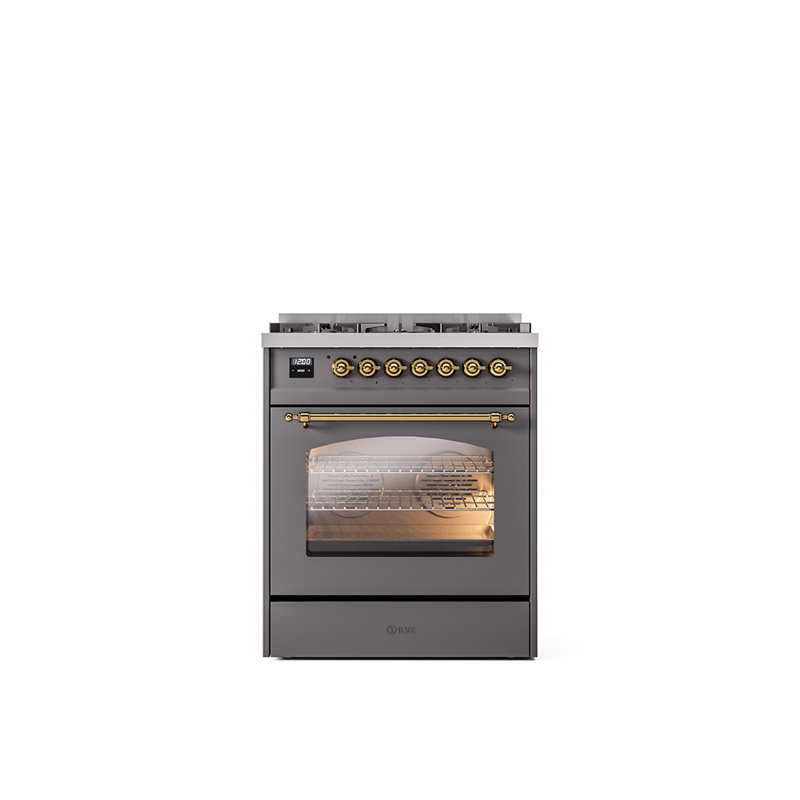 ILVE Nostalgie II Series 30 inch Dual Fuel Range with 5 Sealed Burners (Glass Door), Liquid Propane, Graphite Matte/Brass