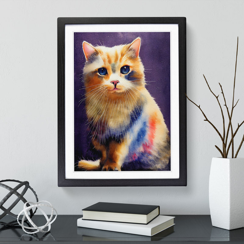 XV1022-5103X Watercolour Cat No.2 - Single Picture Frame Print, Black Framed, 64cm H x 46cm W