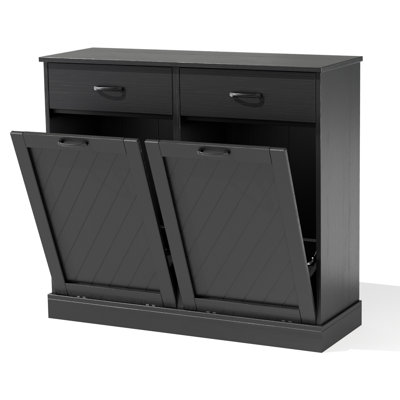 Double Tilt-Out 2x15 Gallons Hidden Garbage Trash Can Cabinet, Hidden Kitchen Trash Cabinet with Storage Drawer, Pet-Proof Wooden Garbage & Recycling Cabinet for Kitchen, Laundry & Living Room, Black
