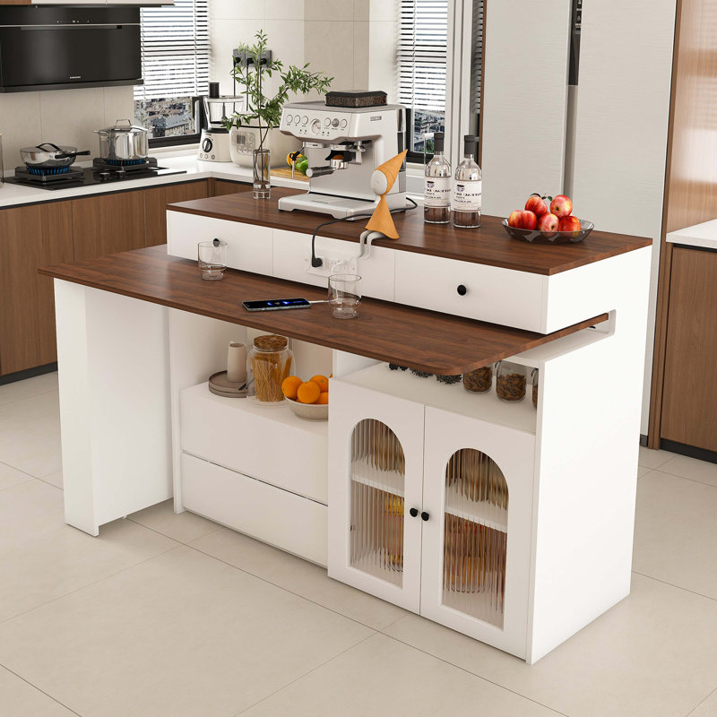 Kitchen Island With Extendable & Rotating Table, MDF With Veneer Retro Design, 4 Drawers & Glass Door Cabinets With Built-In Socket, Expandable Dining Station For 2-4 Person