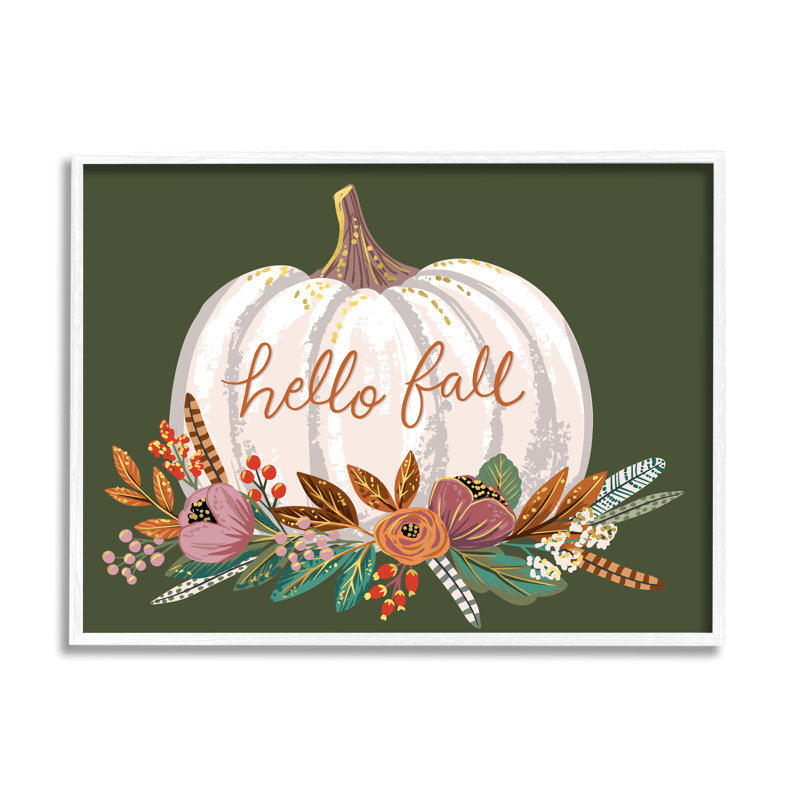 «Autumnal Hello Fall», citrouille, gourde et botanique, H 11 po x l 14 po x P 1,5 po, Giclée encadrée blanc bord de mer