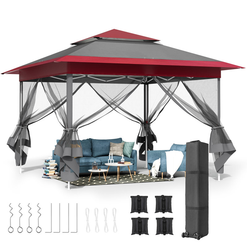 Pop Up Gazebo, Outdoor Instant Canopy Tent W/4 Netting Sidewall & Auto Extending Eave, Patio Gazebos Shelter W/Mesh Wall, Center Lock, Wheeled Bag For Garden, Yard, Party, Deck