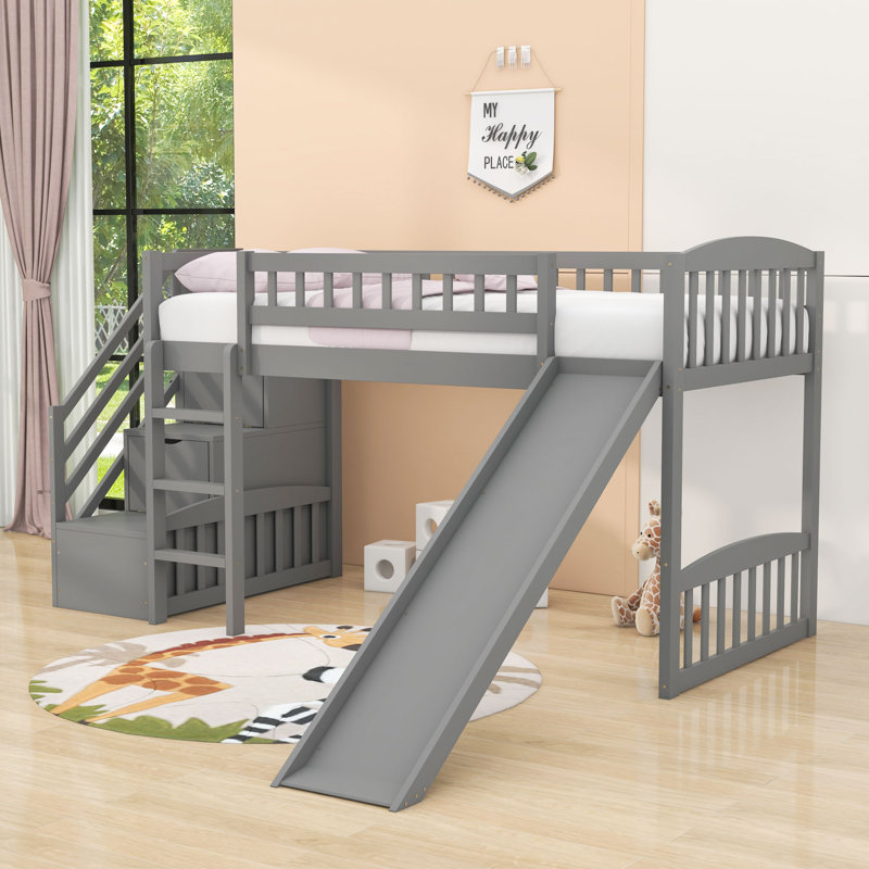 Twin Size Loft Bed With Staircase And Convertible Slide, Gray