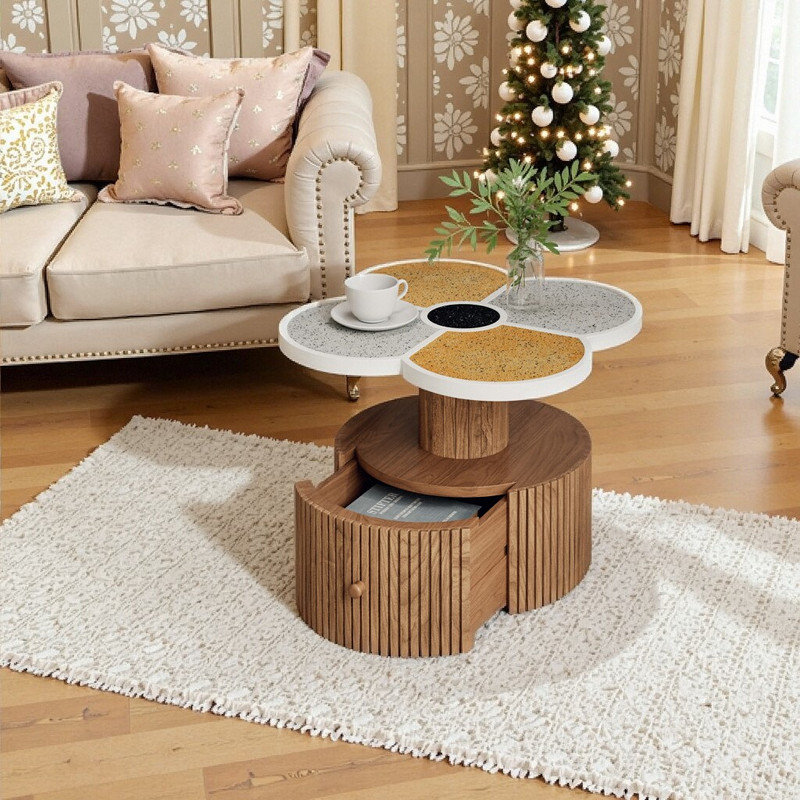 Four-Leaf Clover Shape Accent Side Table With Pull-Out Storage Drawer & Wood-Grain Base