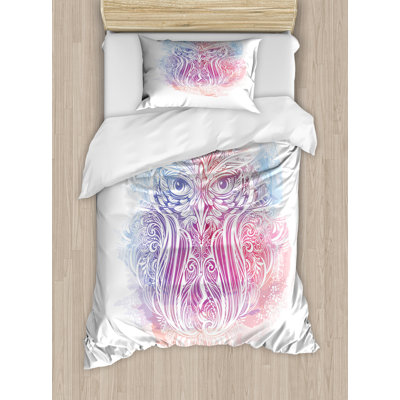 Ambesonne Owl Duvet Cover Set, Woodland Bird Design, Twin, Pale Azure Blue Peach -  nev_79909_twin