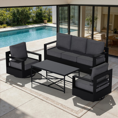 4-Piece Modern Aluminum Outdoor Patio Furniture Set Swivel Chairs with Beige Cushions and Coffee Table by Latitude Run