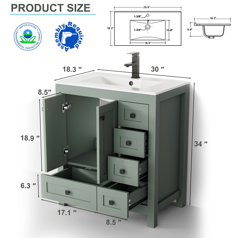 Ensemble de meuble-lavabo simple 30 po avec lavabo, robinet, peinture à la main écologique