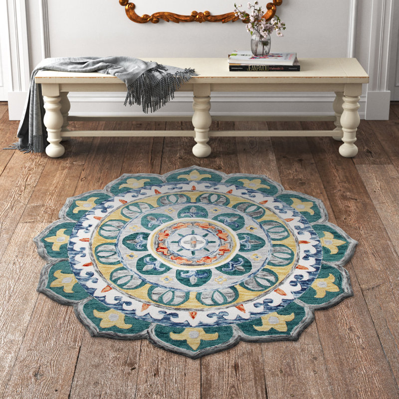 Tapis rond vert / jaune / gris en laine crocheté à la main à motif floral Emmeram, Rond 4 pi