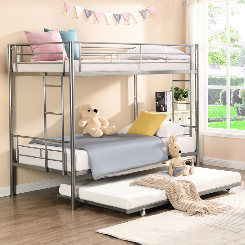 Lit superposé en métal avec lit gigogne de couleur argentée Confortable et économe en espace Silencieux sans sommier tapissier Conception de chambre à coucher moderne Sécuritaire Facile à assembler