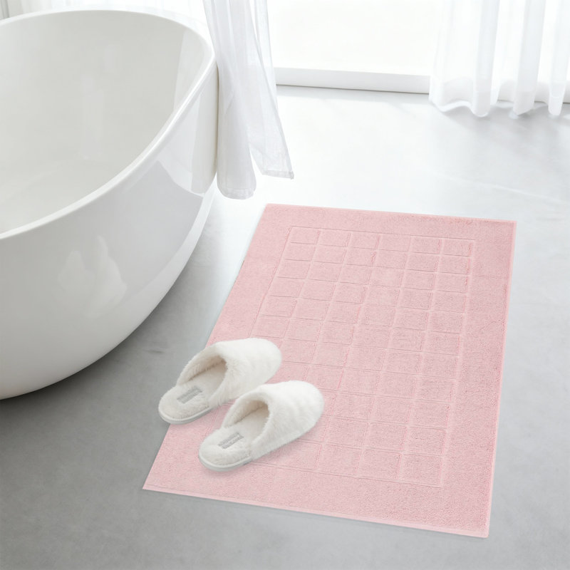 100% Cotton Thick & Absorbent Reversible Checkered Bath Mats - Set Of 2, Tea Rose