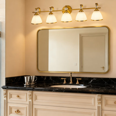5-Light Bathroom Vanity Light, 35-Inch Vintage Gold Wall Sconce With Frosted Glass Shades, Farmhouse Style Fixture For Large Bathrooms And Spacious Rooms