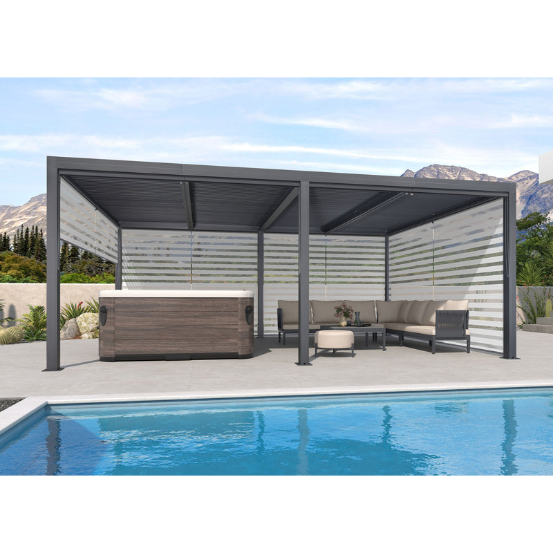 Aluminum Pergola with Roller Shade, 1 Long Side and 2 Short Side, Gray, 20' x 12'