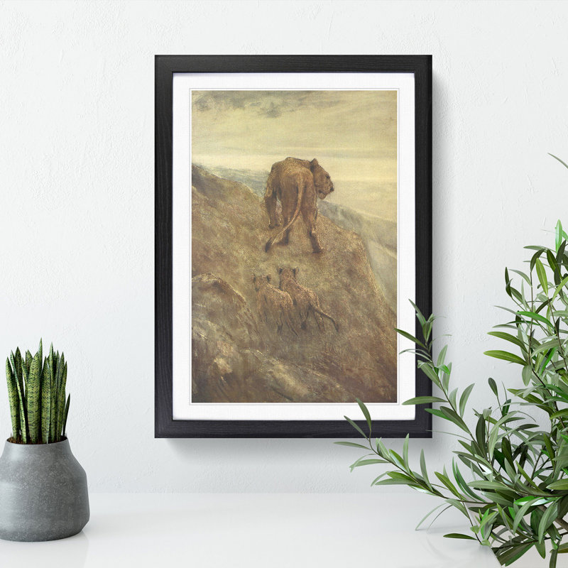 Lion and Cubs by John Macallan Swan - Picture Frame Painting, 36cm H x 27cm W x 2cm D, Black Framed