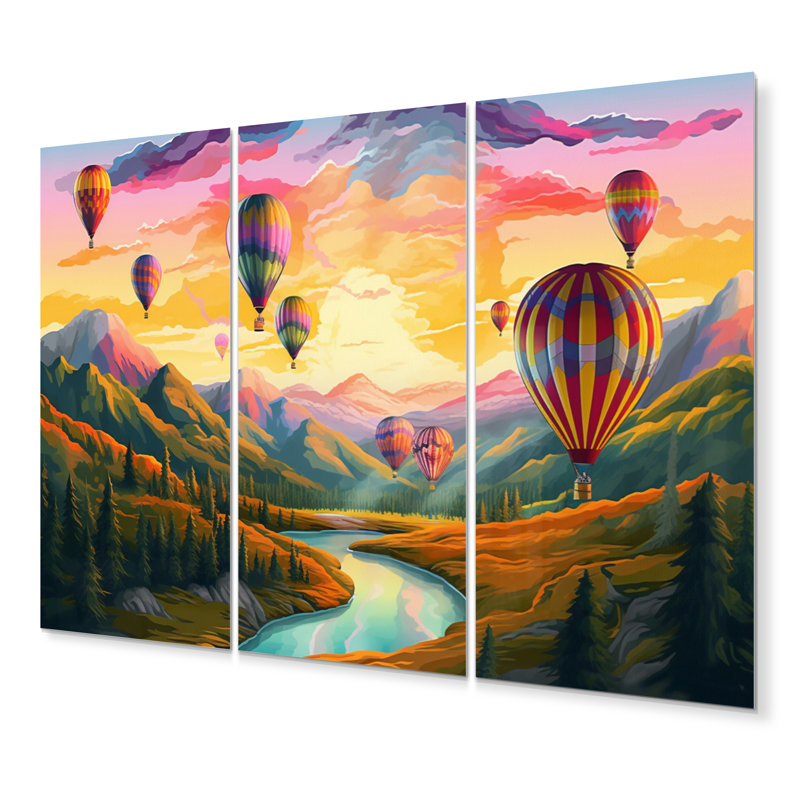 Hot Air Ballon Bold Scenery I - Montgolfière en métal, art mural, ensemble de salon