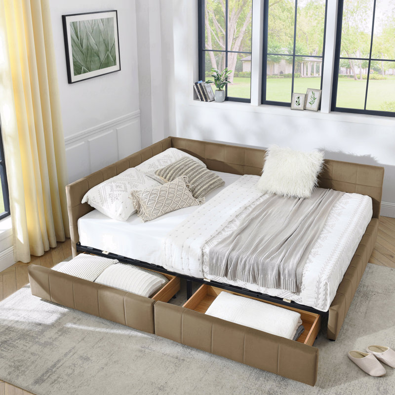 Queen Velvet Upholstered Bed Frame, Sofa Style, Backrest, Brown, Queen