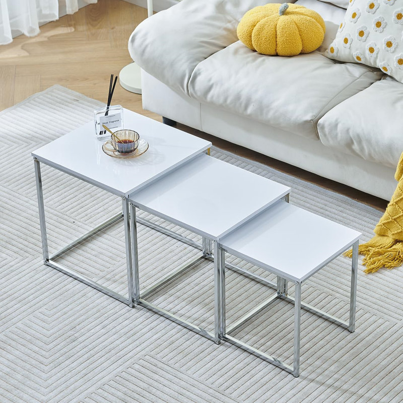 Living Room Nesting Coffee Table Set Of 3 High Glossing Marble Effect, Small Square Side Sofa Table 3 In 1 Nested Table Corner Little End Table Stackable Wood Tabletop With Chrome Frame