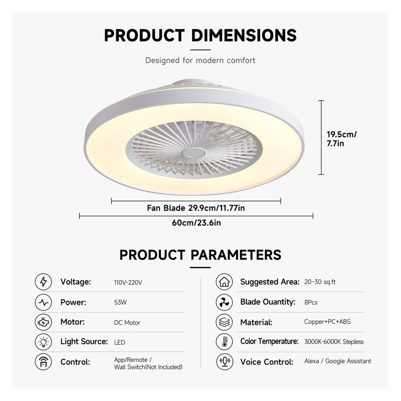 Ventilateur de plafond sans lame à profil bas de 24 po avec éclairage à DEL RVB, application intelligente et commande vocale, moteur à courant continu à 6 vitesses, luminaire à intensité variable pour chambre à coucher, blanc