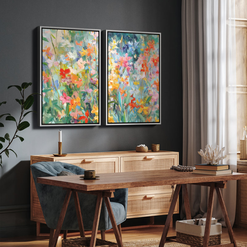 Vibrant Floral Field Contemporary Wall Decor 2 Pieces Framed Print Wall Art, 36" H x 24" W, White