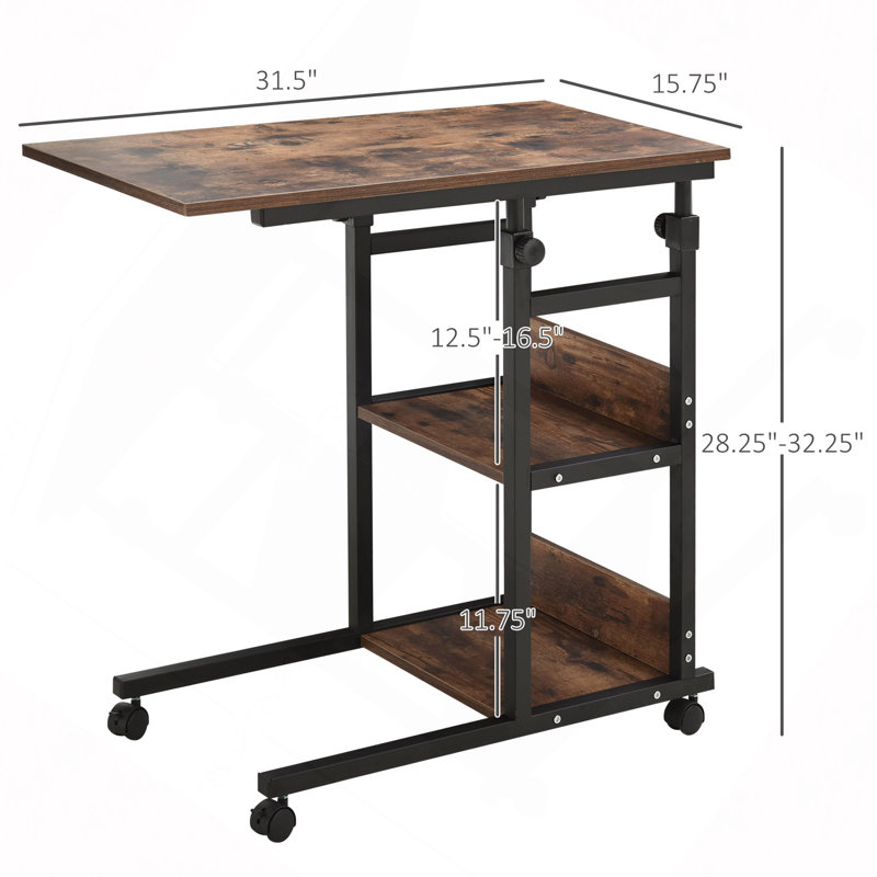 C-Shaped Mobile Rolling Sofa Side Table With 3-Tier Storage Shelving, Adjustable Height, Wheels