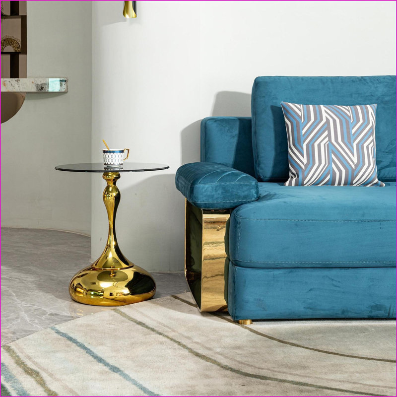 Table basse ronde en verre trempé pour petits salons - Finition métal doré, assemblage facile