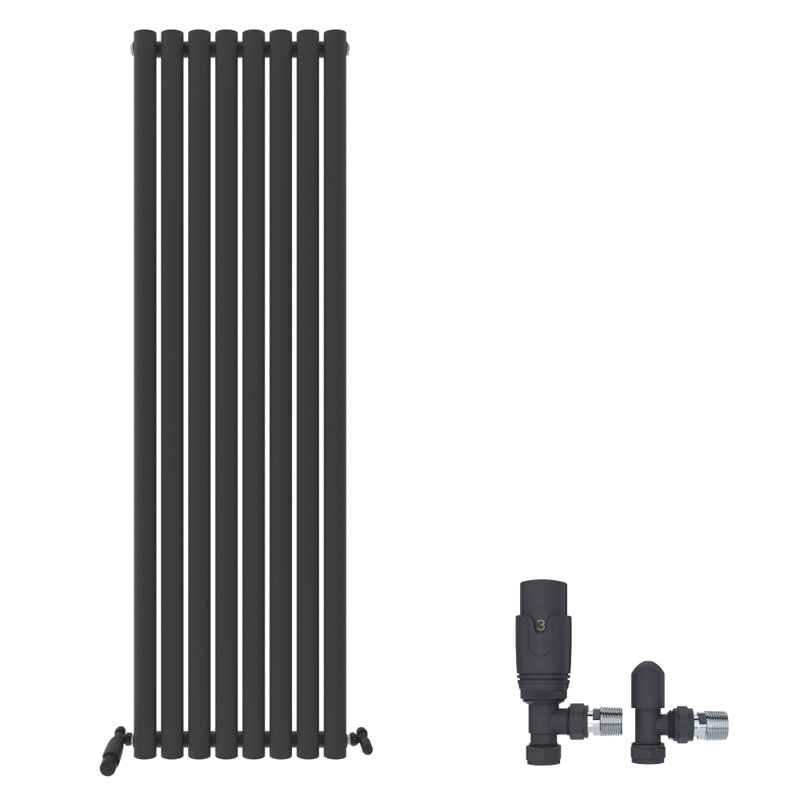 iBathUK Princia Vertical Single Oval Panel Radiator Angled Valve, 1600cm H x 480cm W x 55cm D, Grey