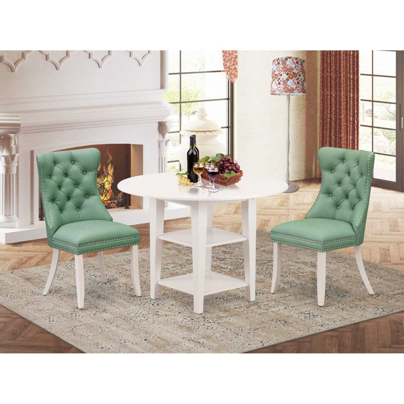 3-Piece Linen White Finish Round Solid Wood Top With Dropleaf Dining Table Set, Green