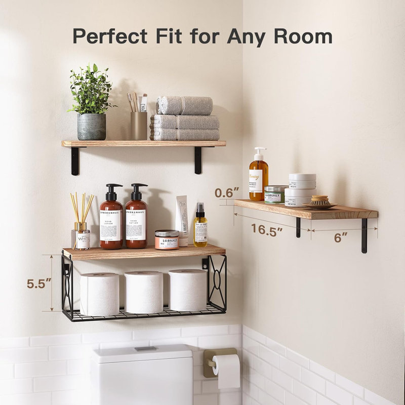 Floating Wall Shelves With Storage Basket, Space Saving Bathroom Shelves Over Toilet For Home Organization In Bathroom, Kitchen, Living Room