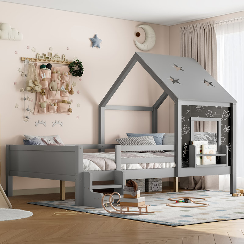Lits doubles avec escalier à profil bas et fenêtre, lit plateforme en bois massif avec bibliothèque, tableau noir et joli toit en forme d'étoile, sans sommier, gris